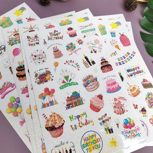 Glittery Happy Birthday stickers with colorful cake and party patterns for gift decoration
