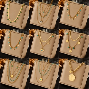 Vintage Multi-Layer Stainless Steel Necklace For Women 18K Gold Plated Bohemian Star Moon Evil Eye Coin Pendant Necklace With Turquoise Zirconia Jewelry