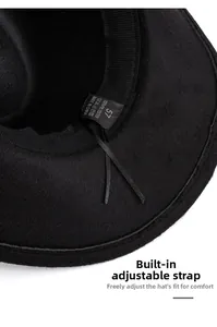 Detail of the black fedora hat interior featuring adjustable drawstring and sweatband