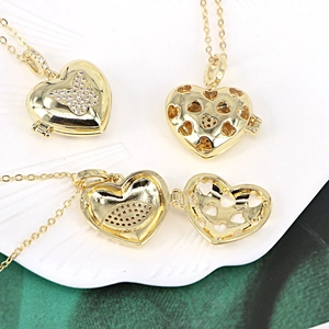 Gold heart locket necklace with zircon butterfly pendant and dainty link chain