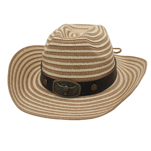 Two-tone woven straw cowboy hat featuring a vintage bronze bull head buckle and studs