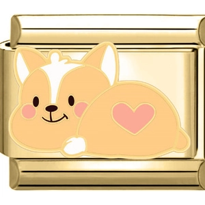 Nahaufnahme eines goldenen Edelstahl-Glieds mit süßem Corgi und rosa Herzmotiv