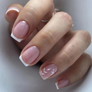 Short Simple French Press On Nails Pink Transparent Glitter White Leaf Pattern Square Round Artificial Nails For Women