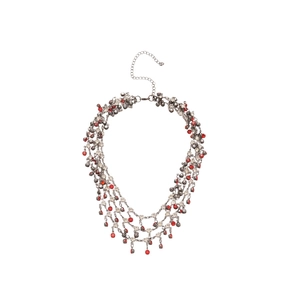 Vintage layered silver necklace with red rhinestones and tassels for party wear