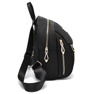 Mini black waterproof nylon backpack with gold zippers and adjustable shoulder straps