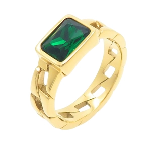 Vintage 18K gold plated stainless steel ring with emerald green square zircon stone