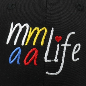Black cotton baseball cap with colorful Baseball Mom embroidery and red heart icon