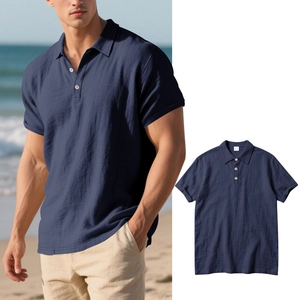 Detail of navy blue linen polo shirt featuring buttoned lapel and breathable fabric texture