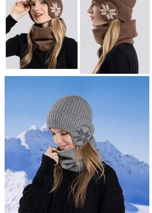 Close-up of winter knit beanie and neck warmer set with snowflake patterns for cold weather