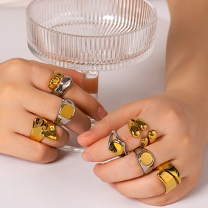 Stainless Steel Rings 18K Gold Plated Minimalist Geometric Hammered Two Tone INS Style For Men Women