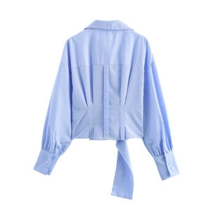 Women's light blue striped long sleeve shirt with tie-back waist detail in back view