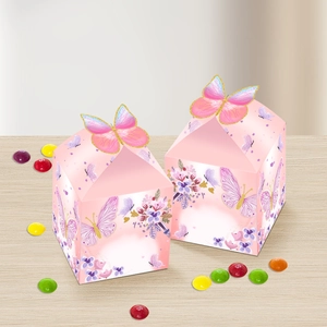 Pink butterfly gift box with 3D gold edge detail and floral patterns for party favors