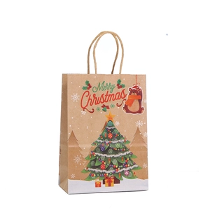 Brown kraft paper Christmas gift bag with festive patterns and Merry Christmas text