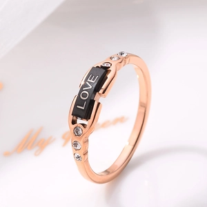 Fashion Rose Gold Plated Titanium Steel Ring For Women With Black Love Letter Inlay Rhinestone Accents Fashion Jewelry Gift