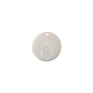 Polished silver stainless steel round pendant with detailed pineapple engraving on white background