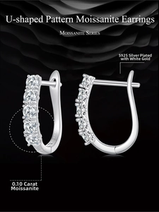 Detail view of U-shaped S925 sterling silver earrings with 0.1ct moissanite stones