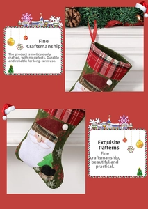 Detail of Christmas stocking featuring Santa Claus 3D design and green plaid pattern