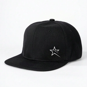 Black flat brim baseball cap featuring a white star print decoration and adjustable fit