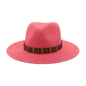 Chapeau de paille tissé rose corail avec bande en cuir vintage pour protection solaire de plage