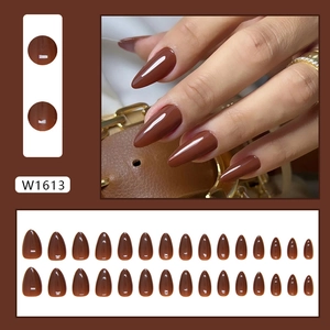 Reddish brown almond-shaped press-on nails set with glossy finish and 24 pieces