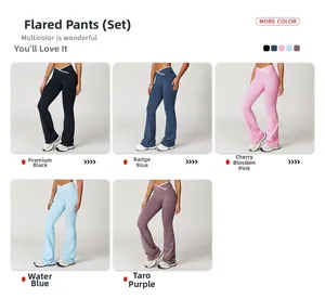 Collage van flare yoga broeken met hoge taille in vijf kleuren en V-vormige bies