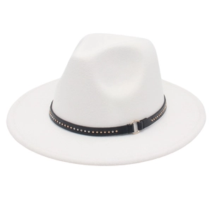 Detail of white wool fedora hat featuring black belt with metal rivets and gold buckle