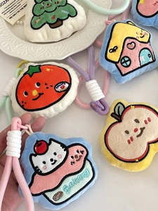 Cute cartoon plush keychains with embroidery including Christmas tree and bakery cat styles