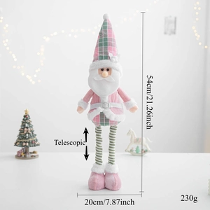 Detail of telescopic legs on a plush Christmas gnome with pink and green plaid fabric
