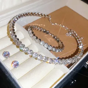Rhinestone Round Tennis Necklace Bracelet And Earrings Copper Jewelry With Silver Earring Post For Women