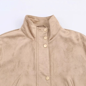 Women's casual camel faux suede jacket featuring a stand collar and gold metal buttons