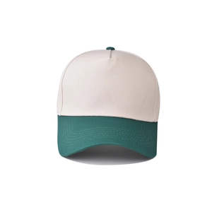 Detail of cotton baseball cap showing contrast green brim and sturdy panel stitching