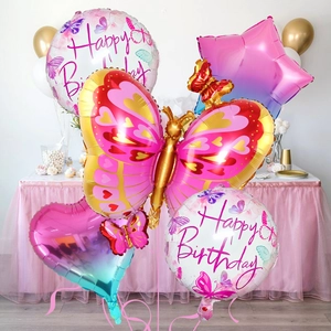 Colorful butterfly foil balloon set with heart and star shapes for birthday party decor
