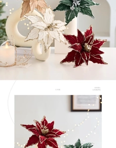 Detail of velvet poinsettia flowers with glitter edges and warm holiday lighting