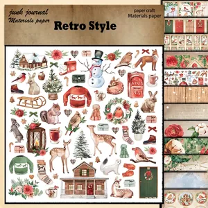 Retro Christmas scrapbook paper set with snowmen elk and winter floral patterns