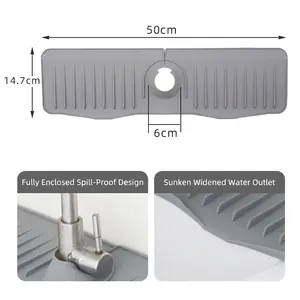 Grey silicone faucet splash guard with drainage grooves and 50cm extended length