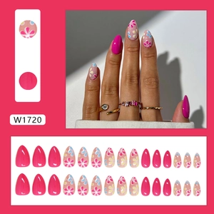 Almond-shaped press-on nails with magenta floral prints and full 30-piece set display