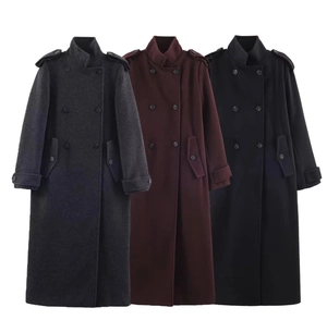Flat lay of double-breasted wool coats in dark grey, burgundy, and black colors