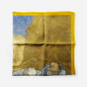 Detail of 53cm silk scarf featuring Van Gogh Siesta painting with yellow borders