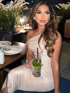 One Shoulder Maxi Dress Ruched Bodycon Asymmetrical Side Ribbon Slim Fit Polyester Spandex Evening Party Banquet Women