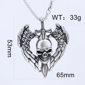 Gothic punk skull wing pendant necklace in silver stainless steel, size 53mm x 65mm