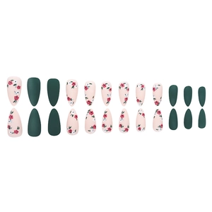 24pcs vintage matte green and floral almond shape press-on nails with natural design