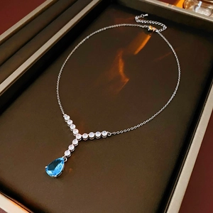 Copper Blue Teardrop Cubic Zirconia Y Shape Necklace Elegant Shiny Jewelry For Women Luxury Cross Clavicle Chain