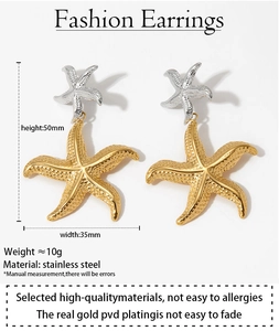 Detail view of double-layer starfish earrings with dimensions 50mm height and 35mm width