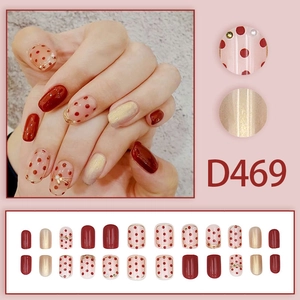 Elegant red polka dot and pearlescent press-on nails set for women, style model D469