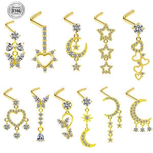 Détails d'un lot de piercings nez en acier chirurgical doré avec zircon papillon et lune