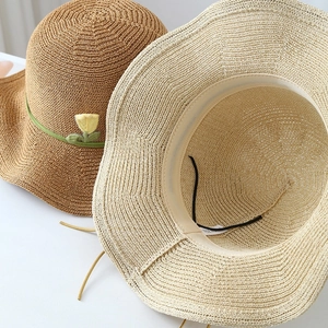 Foldable wide-brim straw sun hat with flower embroidery in beige and dark brown colors
