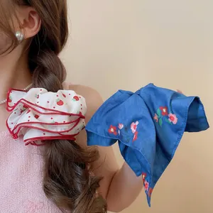 Large Scrunchies Satin Fabric Strawberry Floral Print Elastic Hair Ties Vintage Sweet Hair Accessories For Women