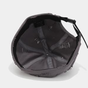Distressed dark gray cotton brimless docker hat with vintage raw edges and retro vibe