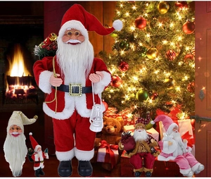 Classic plush Santa ornaments displayed in front of a warm Christmas fireplace
