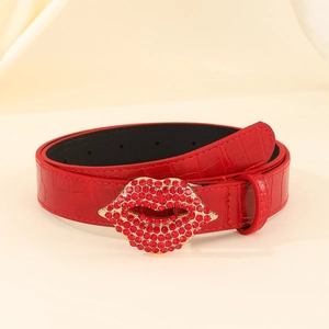 Y2K red lips rhinestone heart buckle belt with crocodile texture on beige fabric